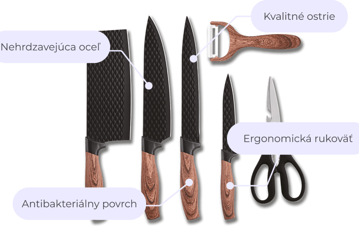 Kuchyňská sada obsahují sekáček, ostrý nůž, nůžky a škrabku